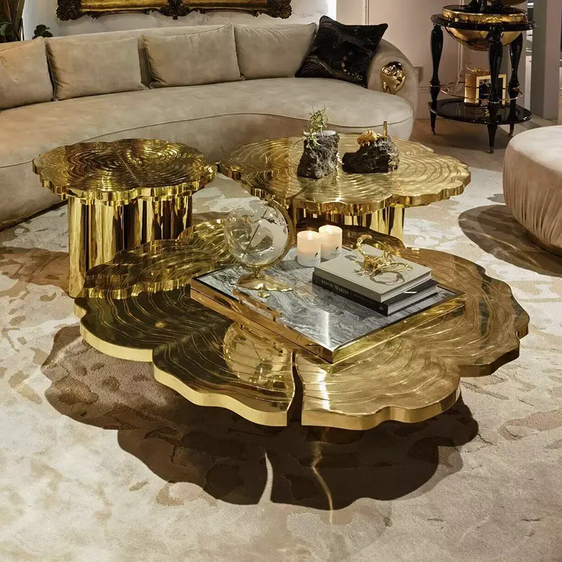 Modern Luxury Round Coffee Table Set Golden Stainless Steel Minimalist Design Style for Living Room & Side Table Furniture — image 5