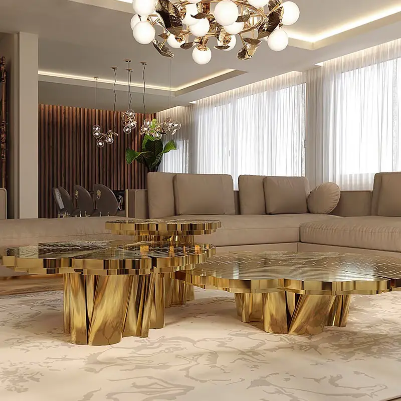Modern Luxury Round Coffee Table Set Golden Stainless Steel Minimalist Design Style for Living Room & Side Table Furniture — image 6