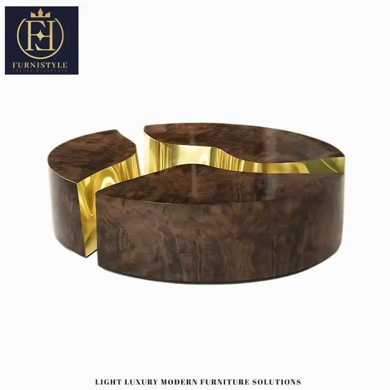 Furnistyle High-End Luxury Round Coffee Table Unique Split Design Walnut Veneer Gold Accents Living Room Furniture for V — view 1