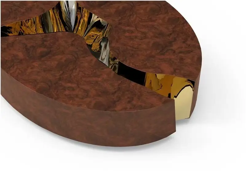 Furnistyle High-End Luxury Round Coffee Table Unique Split Design Walnut Veneer Gold Accents Living Room Furniture for Villas — image 3