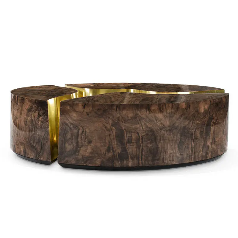 Furnistyle High-End Luxury Round Coffee Table Unique Split Design Walnut Veneer Gold Accents Living Room Furniture for Villas — image 7
