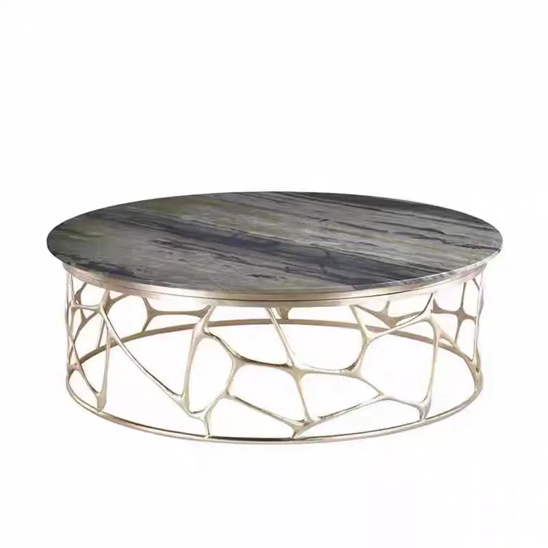 Modern Designer Circular Brass Spider Web Coffee Table with Natural Marble Top Pure Copper Base Elegant Metal Constructi — view 1