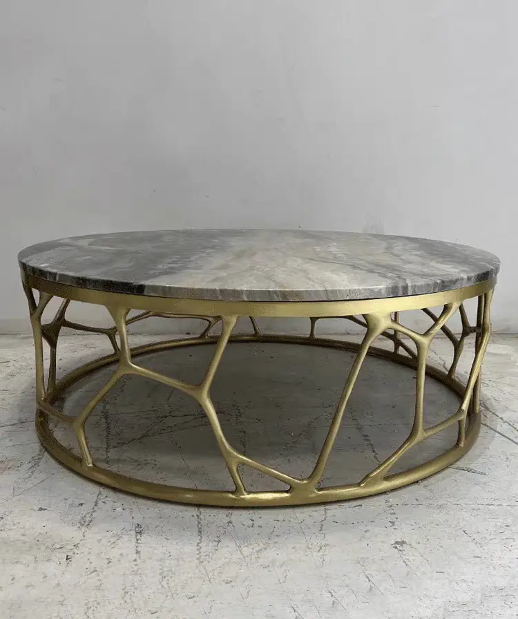 Modern Designer Circular Brass Spider Web Coffee Table with Natural Marble Top Pure Copper Base Elegant Metal Construction — image 6