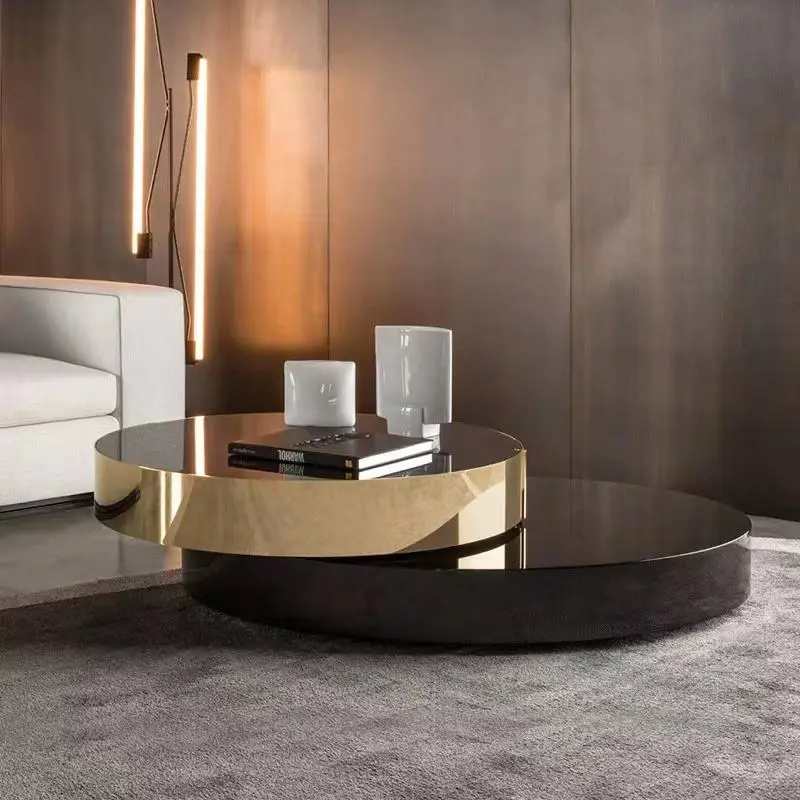 Modern Minimalist round Tea Table Black and Gold Glass Top Black Coffee Designs for Living Room Home Furniture — view 1