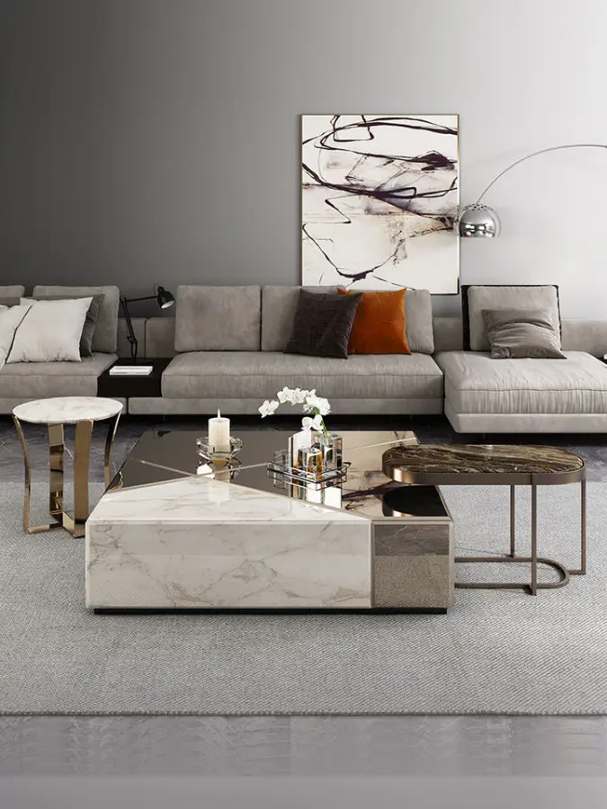Furnistyle Custom Luxury Home Decor Minimalist Modern Low Height White Square Glass Top Marble Coffee Table for Living Furniture — image 2
