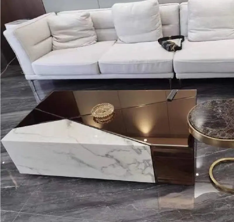 Furnistyle Custom Luxury Home Decor Minimalist Modern Low Height White Square Glass Top Marble Coffee Table for Living Furniture — image 3