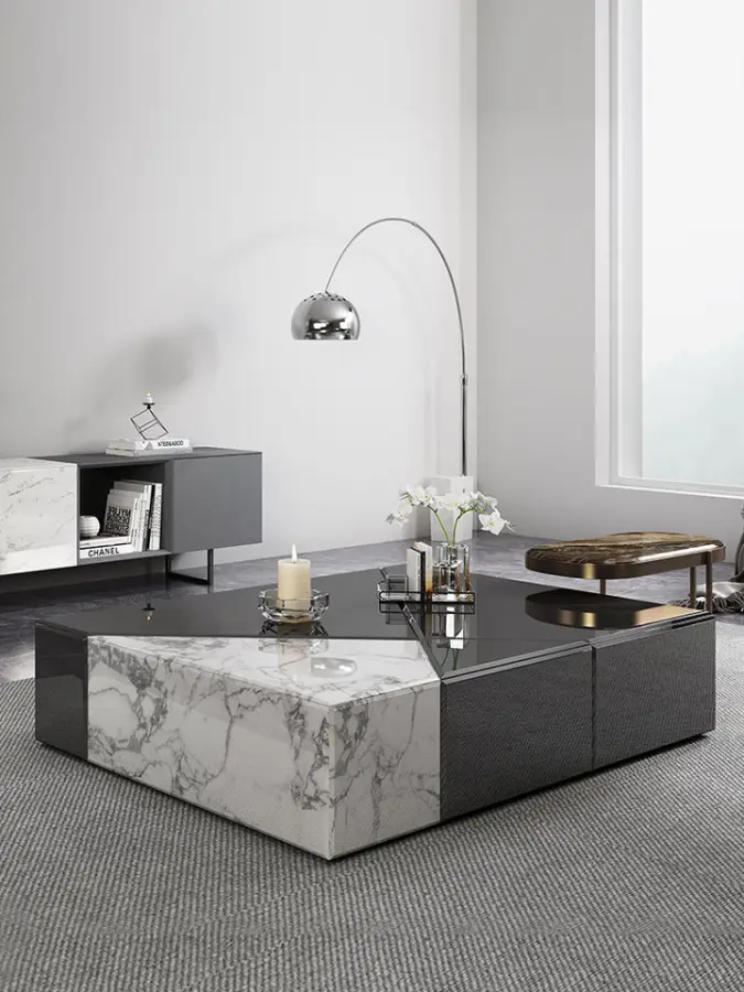 Furnistyle Custom Luxury Home Decor Minimalist Modern Low Height White Square Glass Top Marble Coffee Table for Living Furniture — image 4