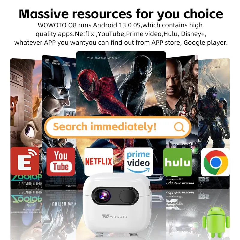 WOWOTO Q8 Pico DLP 4K Mini Projector Android 13 Google TV Auto Focus Pocket Size Portable Rechargeable for Travel Home Cinema — image 5