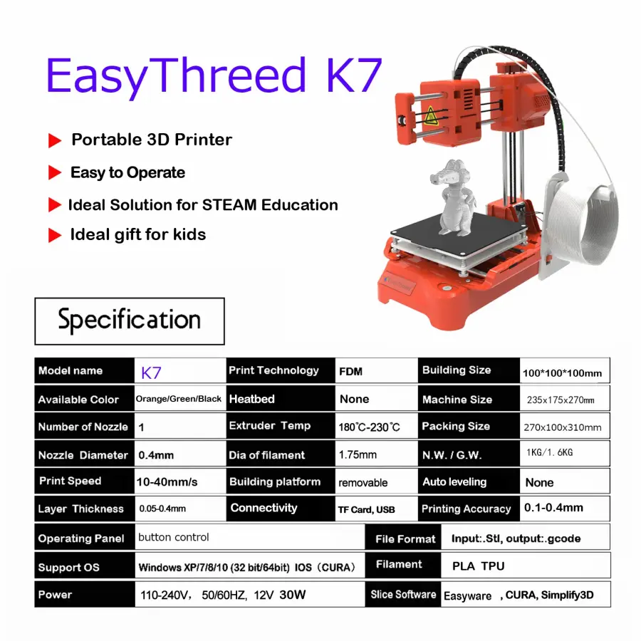 K7 Supper Mini Desktop Small 3D Printer 10*10*10cm No Heated Bed One-Key Printing with TF Card 3D Printe Machine Gift EasyThreed — image 7