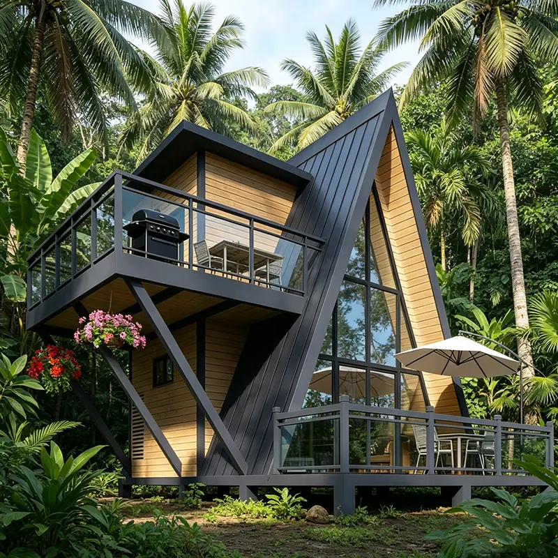 Prefabricated Wooden A-Frame Triangle Cabin House Modern Modular Movable Anti-corrosion Glamping Pod Balcony for Resort — view 1