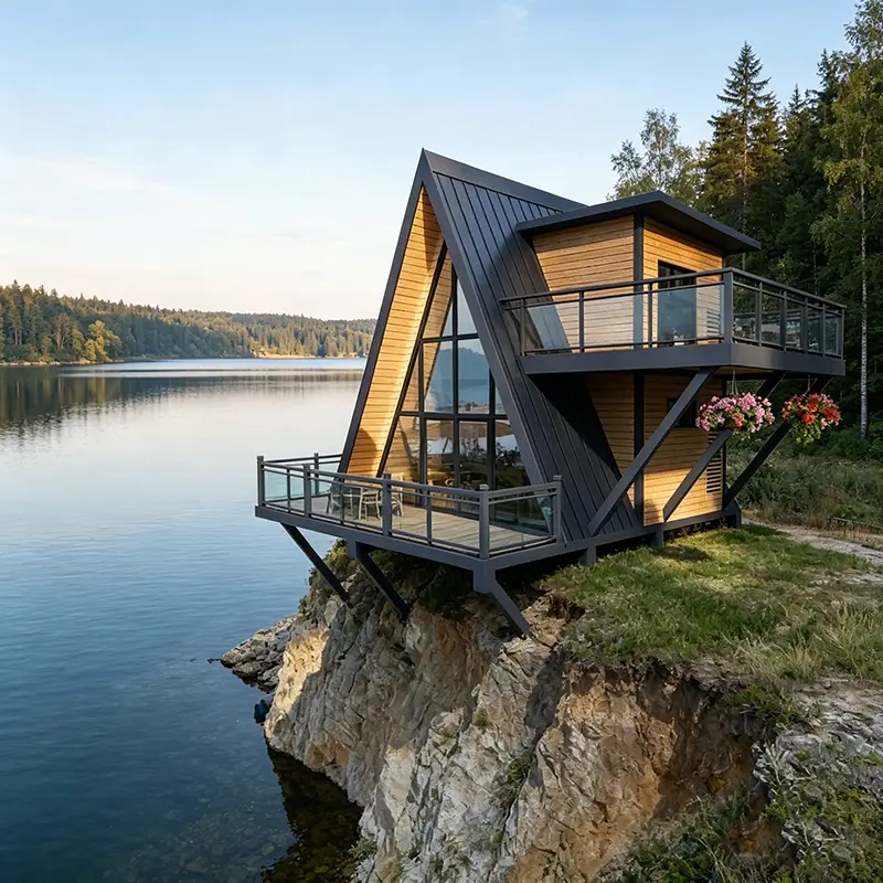 Prefabricated Wooden A-Frame Triangle Cabin House Modern Modular Movable Anti-corrosion Glamping Pod Balcony for Resort Hotel — image 3