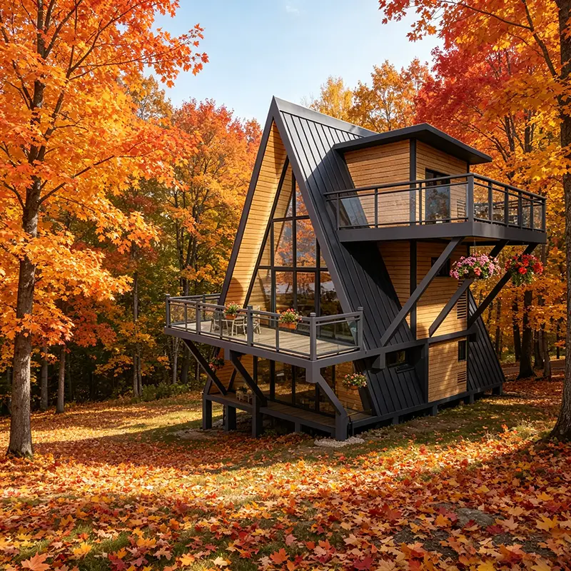 Prefabricated Wooden A-Frame Triangle Cabin House Modern Modular Movable Anti-corrosion Glamping Pod Balcony for Resort Hotel — image 4