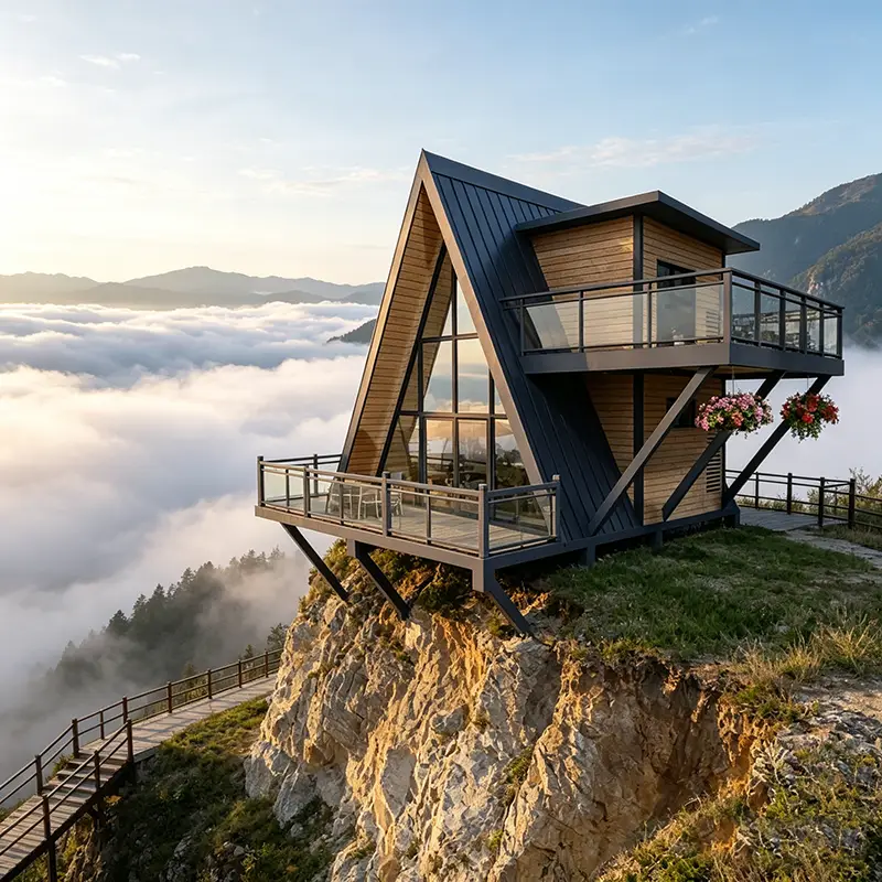 Prefabricated Wooden A-Frame Triangle Cabin House Modern Modular Movable Anti-corrosion Glamping Pod Balcony for Resort Hotel — image 5