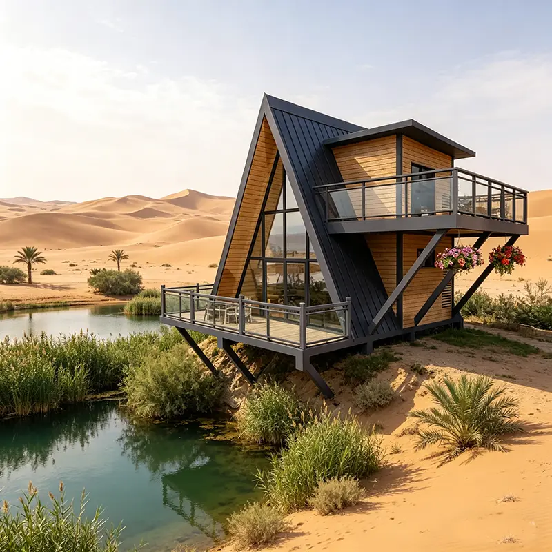 Prefabricated Wooden A-Frame Triangle Cabin House Modern Modular Movable Anti-corrosion Glamping Pod Balcony for Resort Hotel — image 6