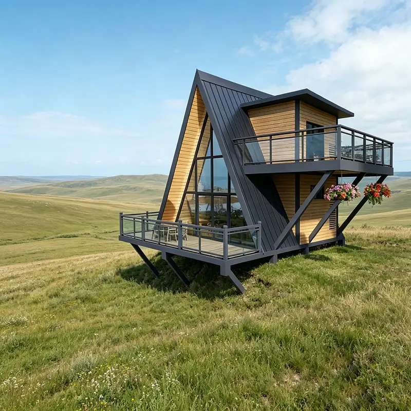 Prefabricated Wooden A-Frame Triangle Cabin House Modern Modular Movable Anti-corrosion Glamping Pod Balcony for Resort Hotel — image 7