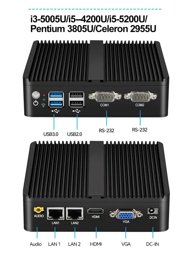 Fanless Mini PC IPC Intel J1900 J2900 i5-5200U 2xEthernet 2x COM DB9 HDMI VGA mPICE Expansion WiFi 4G LTE Support Windows Linux — image 4