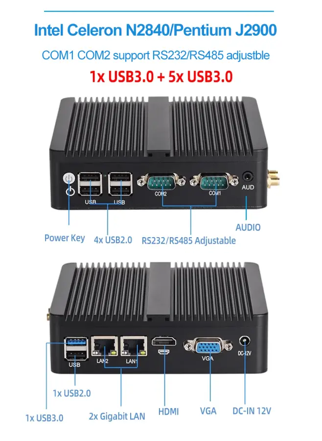 Fanless Mini PC IPC Intel J1900 J2900 i5-5200U 2xEthernet 2x COM DB9 HDMI VGA mPICE Expansion WiFi 4G LTE Support Windows Linux — image 6