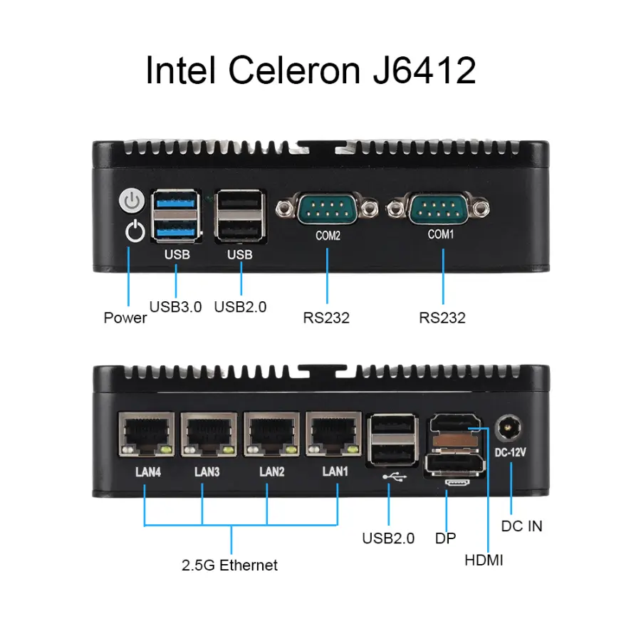 Fanless Mini PC Soft Router Intel Celeron J6412 J4125 J1900 N2830 N150 4x Ethernet 2.5G Intel i226V NIC Friewall Appliance — image 2