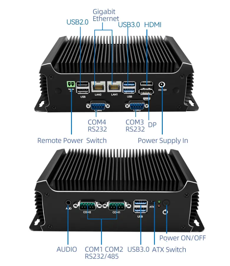 Fanless Industrial PC Intel Core i5-6300U 4x COM RS232 RS485 2xGbE 4G 5G LTE WiFi Windows11/10 Linux ATX Remote Power Switch — image 2
