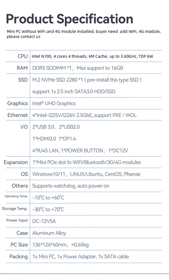 Industrial Fanless Mini PC Intel N150 N5105 Processor 4x 2.5G Ethernet M.2 NVMe SSD Support Windows 10/11 Linux Debian Pfsense — image 6