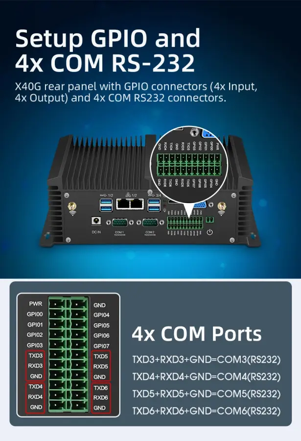 Fanless IPC X40G i7-8550U 4xRS232 2xRS232/422/485 GPIO 8xUSB 2xEthernet SIM Slot HDMI VGA WIFI 4G LTE Win10 IoT LTSC Ubuntu — image 4