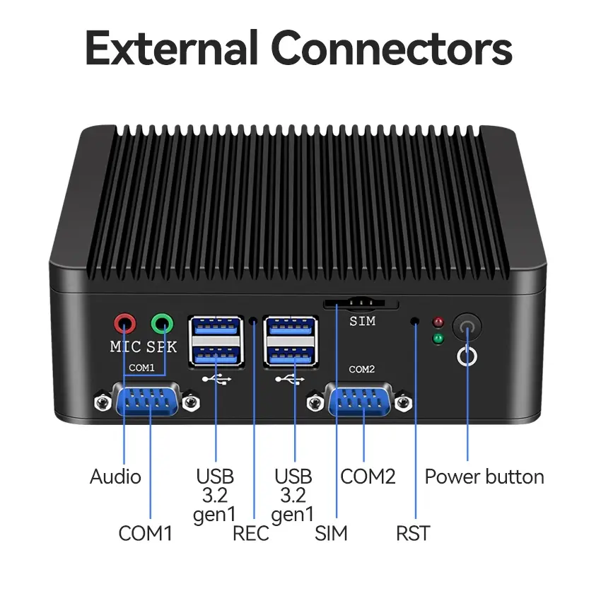 Fanless Mini PC Intel Pentium J5005 Processor 4x COM RS485 RS232 2xHDMI 8xUSB SIM Slot LVDS GPIO TPM2.0 Win10/11 Linux WiFi 4G — image 2
