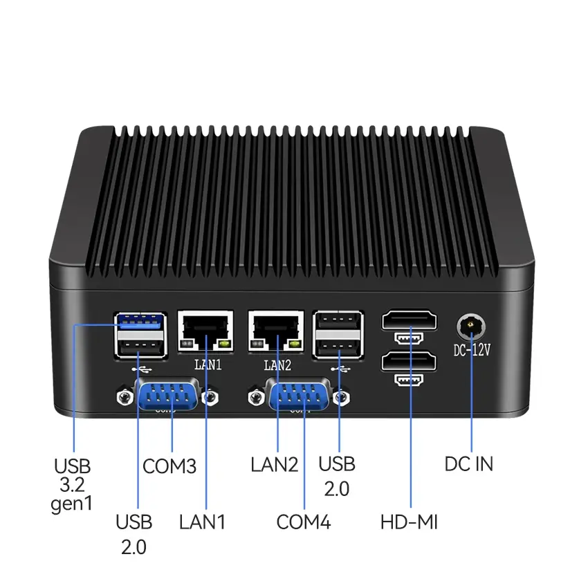 Fanless Mini PC Intel Pentium J5005 Processor 4x COM RS485 RS232 2xHDMI 8xUSB SIM Slot LVDS GPIO TPM2.0 Win10/11 Linux WiFi 4G — image 3