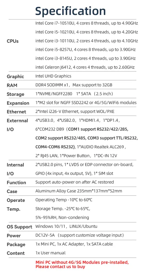 Fanless Industrial Mini PC Intel i7-10510U i5-8257U 6x COM RS232 485 TTL 8xUSB 4G LTE WiFi LVDS Expansion Windows Linux — image 6