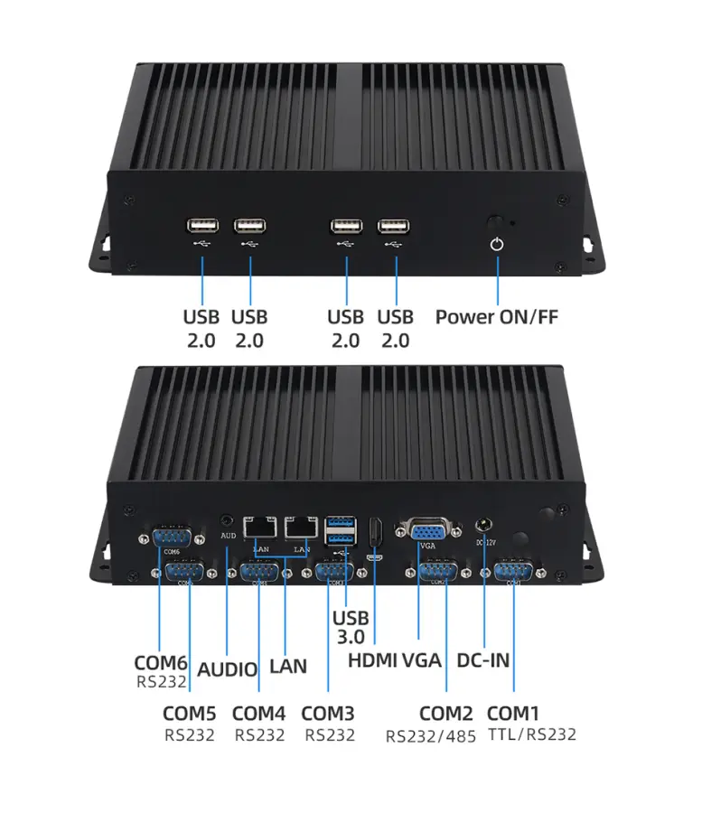 Fanless Mini PC IPC Intel Core i7-7500U 6x COM RS232 RS485 TTL 2x LAN 6xUSB SIM 4G LTE WiFi HDMI VGA LVDS Windows Linux — view 1