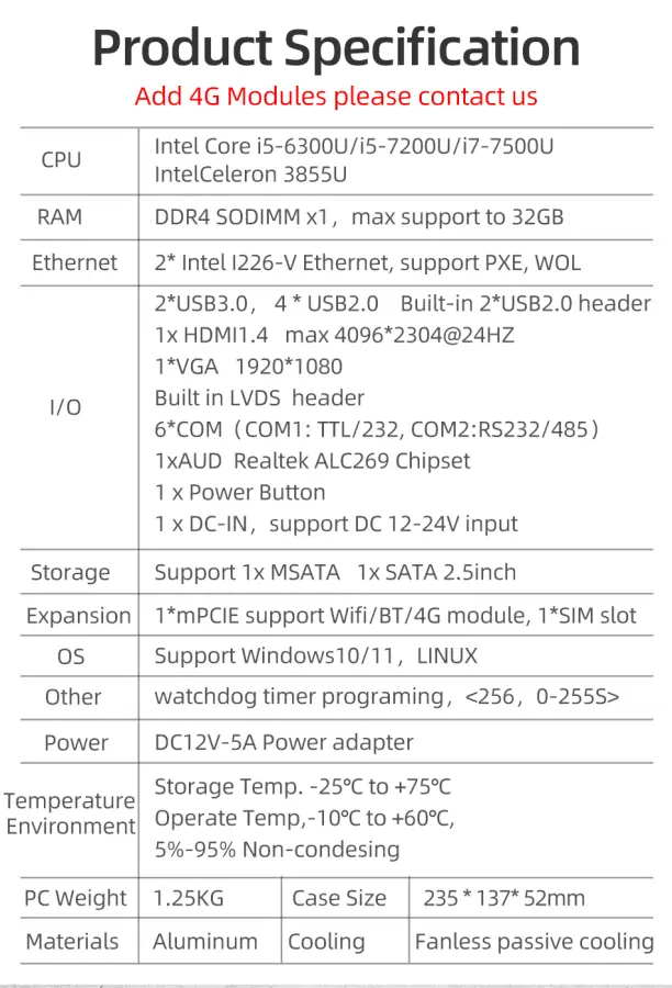 Fanless Mini PC IPC Intel Core i7-7500U 6x COM RS232 RS485 TTL 2x LAN 6xUSB SIM 4G LTE WiFi HDMI VGA LVDS Windows Linux 12V-24V — image 6