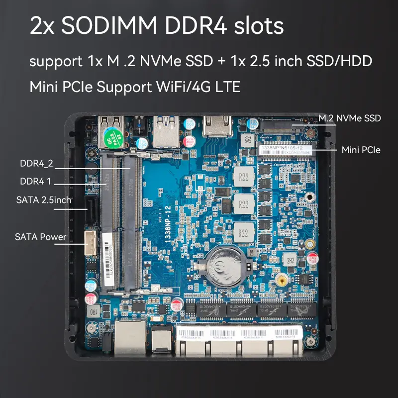 Fanless Mini PC Industrial IPC Intel N5100 Windows Linux 4x 2.5G Ethernet SIM Card Slot 2xDDR4 M.2 NVMe SSD Mini PCIe Expansion — image 4