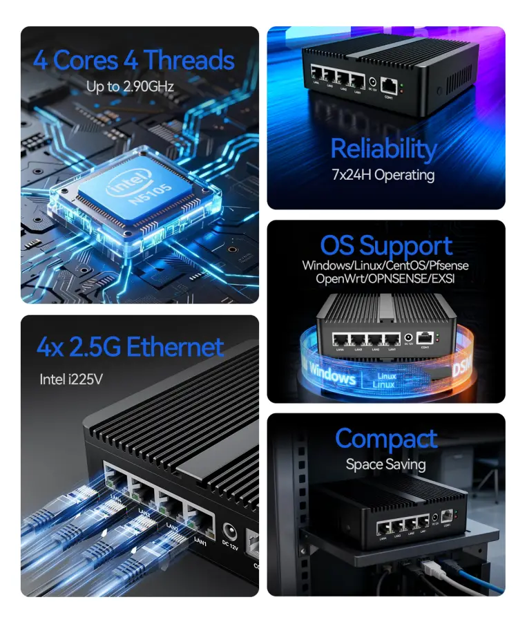 Fanless Mini PC Industrial IPC Intel N5100 Windows Linux 4x 2.5G Ethernet SIM Card Slot 2xDDR4 M.2 NVMe SSD Mini PCIe Expansion — image 6
