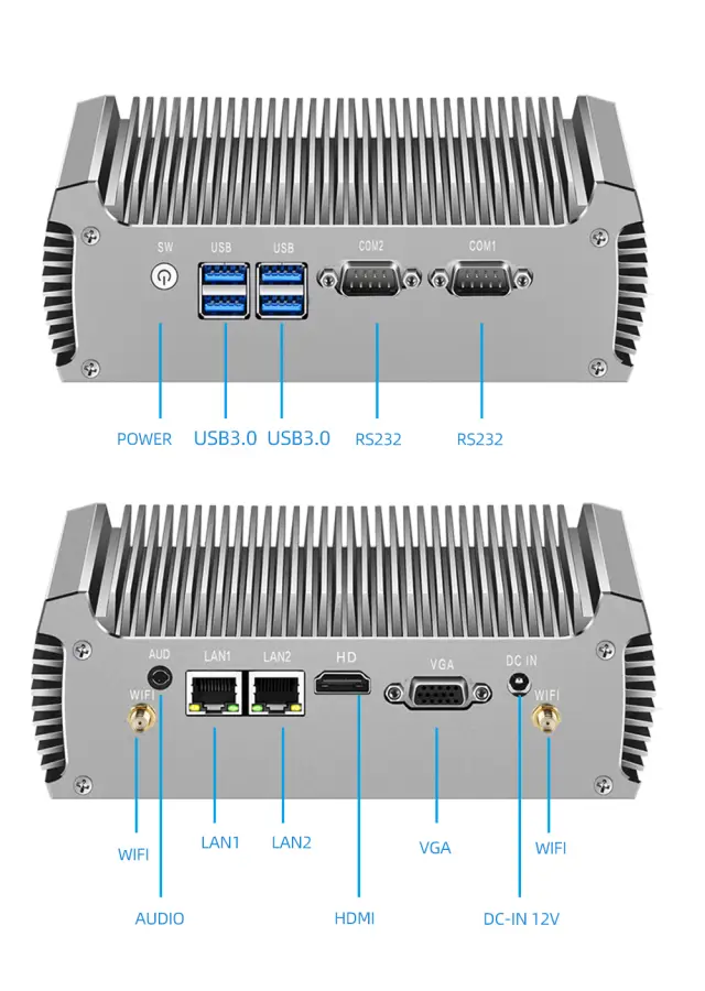 Fanless Mini PC Intel Core i3 5005U i5 5200U i7 5500U Dual Gigabit Ethernet 2*RS232 HDMI+VGA WiFi 4xUSB3.0 Windows 10 Linux — image 7