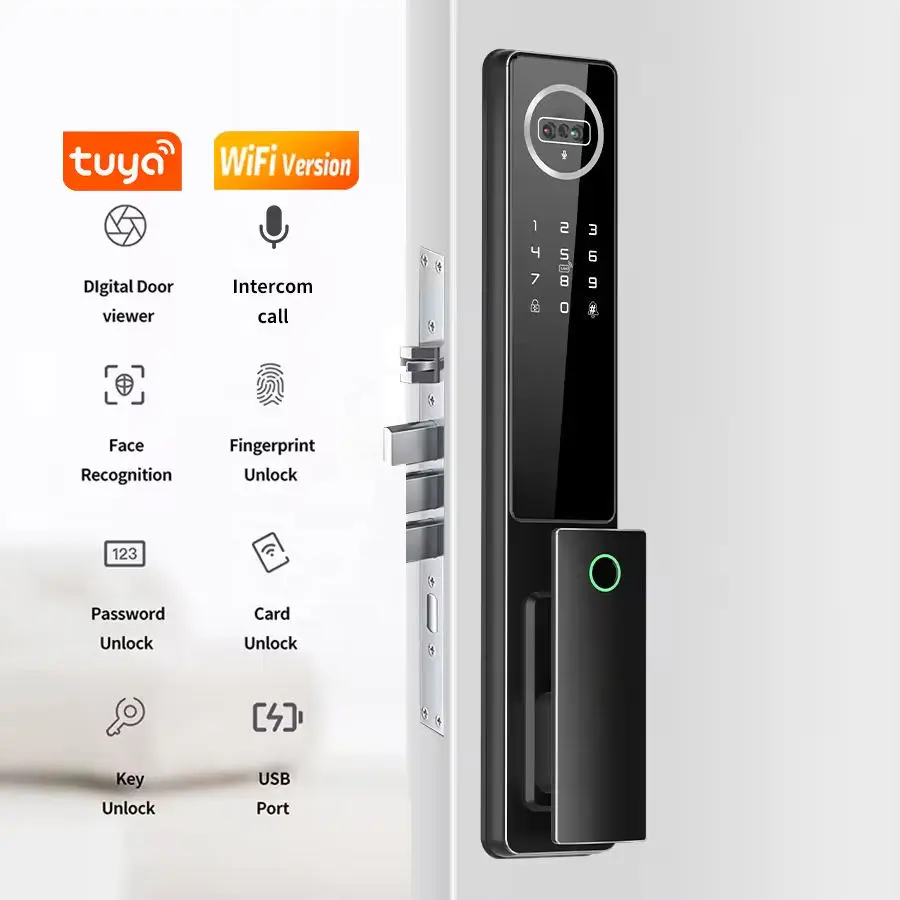 2024 Hot Sale Tuya Wifi Smart Door Lock 3D Face Fingerprint Recognition Digital Safe Door Camera for Wooden Cloud Memory Card — image 5