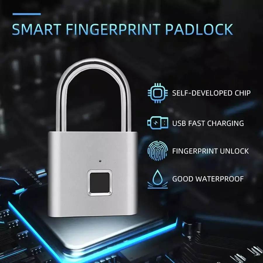 Smart Small Unique Fingerprint Padlock Zinc Alloy Black Waterproof Silver for Backpack and Luggage — image 3