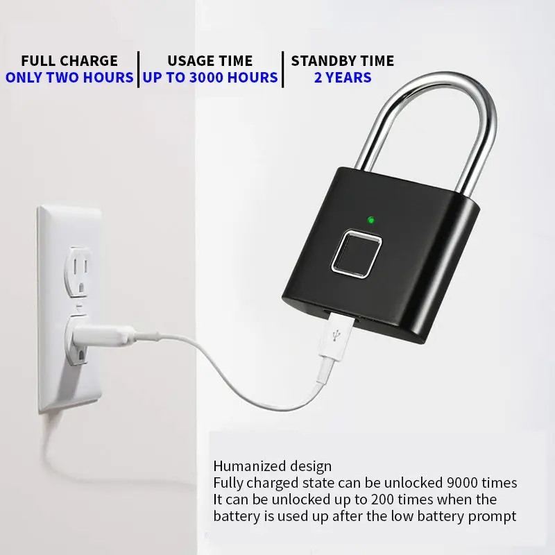 Smart Small Unique Fingerprint Padlock Zinc Alloy Black Waterproof Silver for Backpack and Luggage — image 4