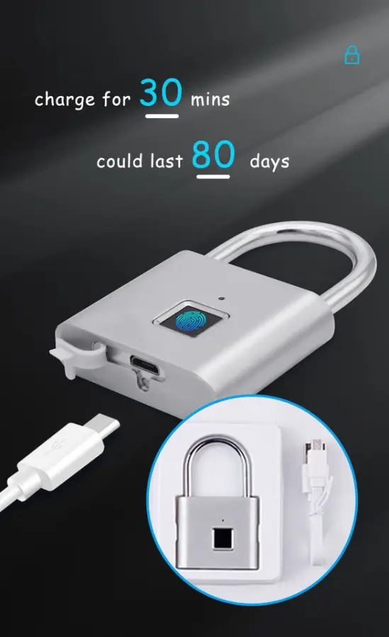 Smart Small Unique Fingerprint Padlock Zinc Alloy Black Waterproof Silver for Backpack and Luggage — image 5