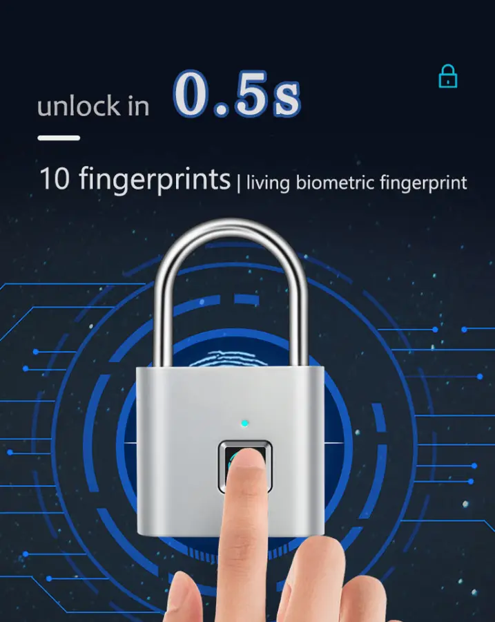 Smart Small Unique Fingerprint Padlock Zinc Alloy Black Waterproof Silver for Backpack and Luggage — image 6