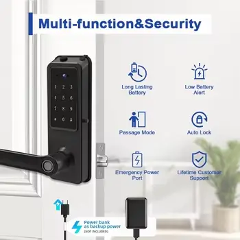 Camakt Smart Door Handle Lock Fingerprint Card Access Waterproof Aluminum Alloy 10000mAh Battery Wood Door Adjustable Mortise — image 3