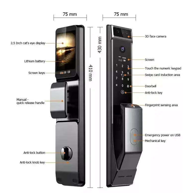 TOPTEQ X10 Smart Door Lock 2023 3D Face Recognition Wi-Fi Aluminium Alloy Wood & Security Door Compatible Cloud Storage — image 3
