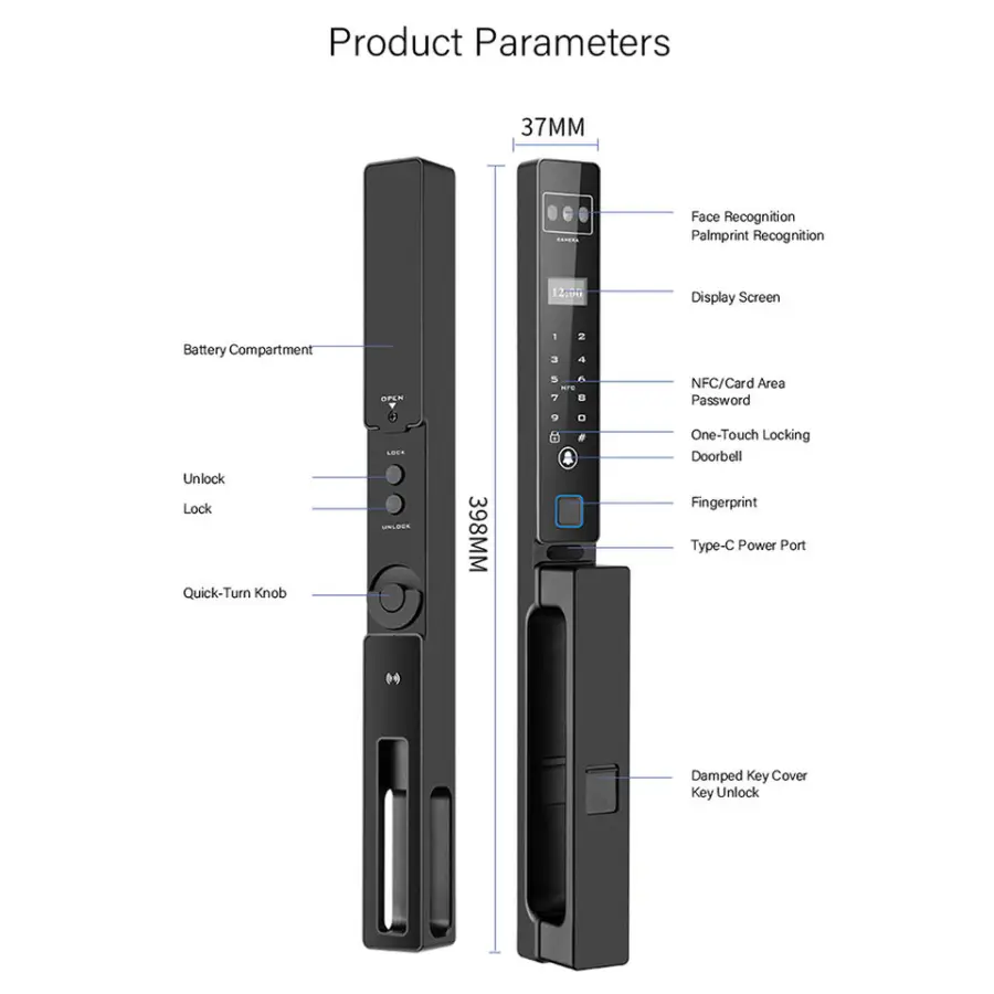 Outdoor Aluminum Smart Lock Door Keyless Digital Face Recognition Palm Vein Fingerprint Tuya Wifi Waterproof Camera-Cloud Data — image 4