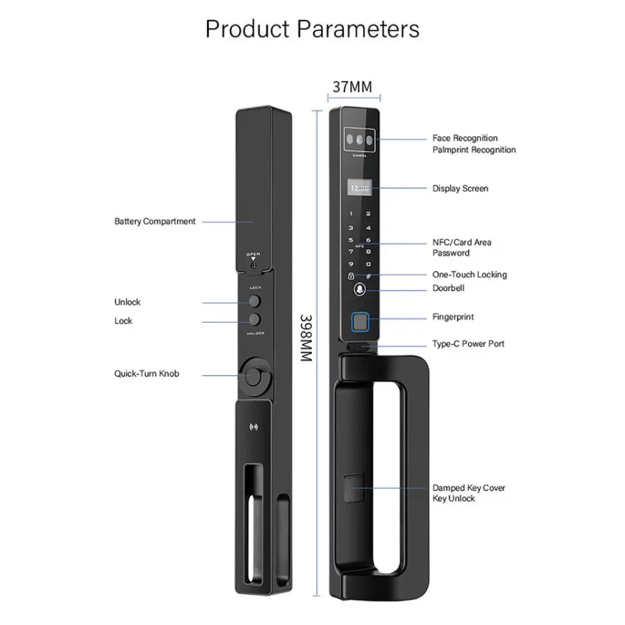 Ultra Slim Stainless Steel Smart Tuya WIFI Door Lock Palm Vein Face Recognition Waterproof Door Customizable Cloud Data — image 7