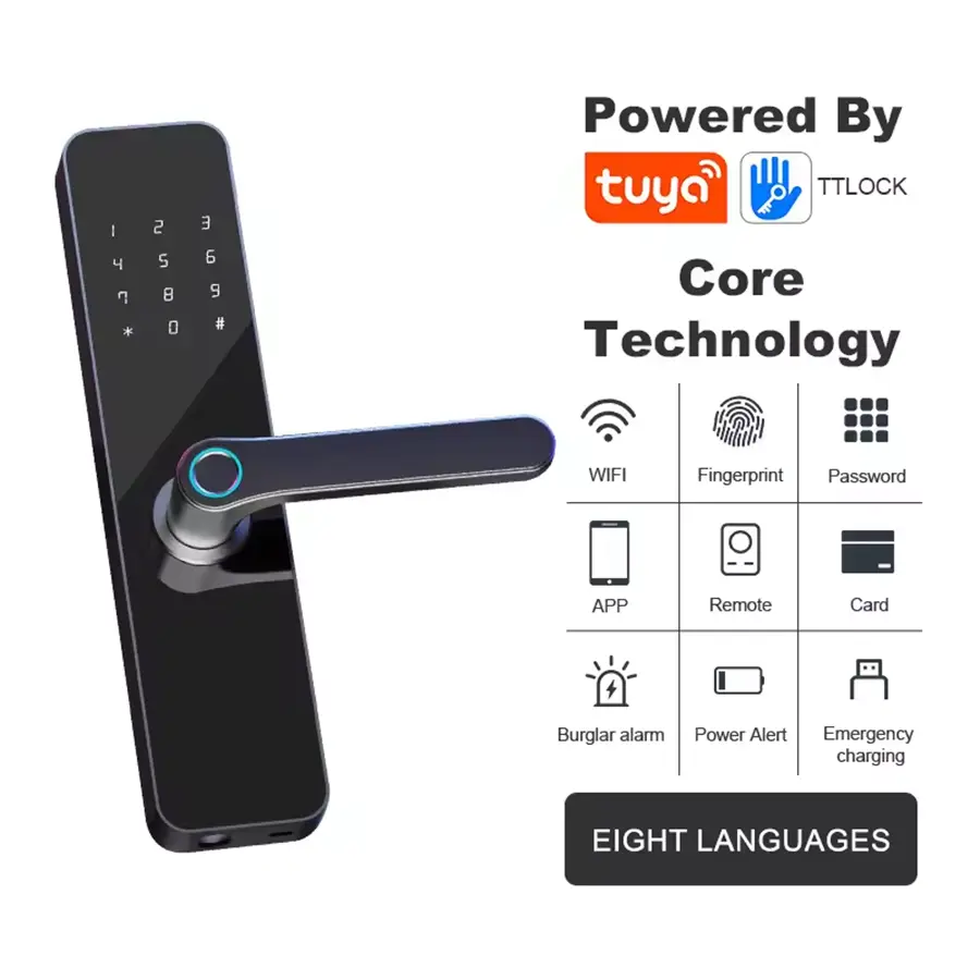 Electric Handle Digital Security Digit Tuya Ttlock Wifi Keys Fingerprint Electronic Door Smart Locks for Front Door — image 2