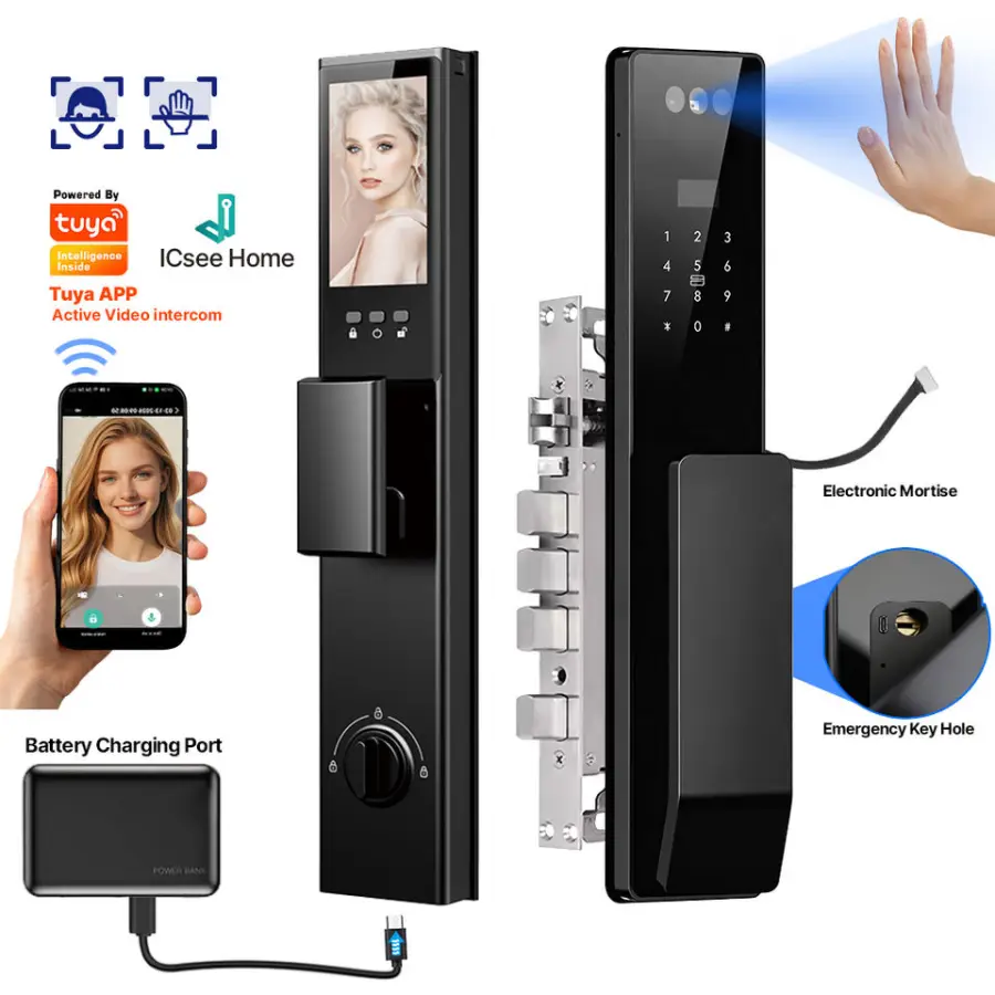 Heavy Duty Smart Tuya ICsee Home WiFi Active Video Intercom Fingerprint Pick Cylinder Door Lock CNC Aluminum/Wooden Door — view 1