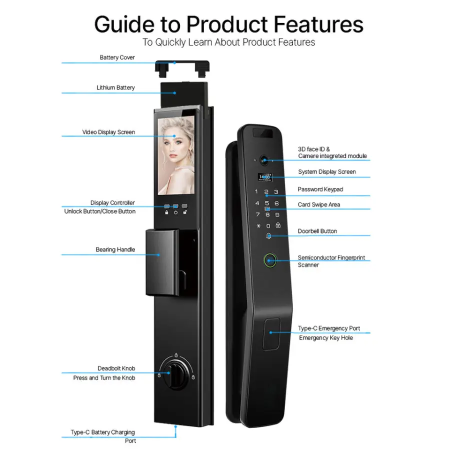 Topteq M20 Keyless Smart Door Lock 4.5-inch HD Display Face Recognition Tuya Icsee Home WiFi Intercom for Wood/Steel/Aluminum — image 5