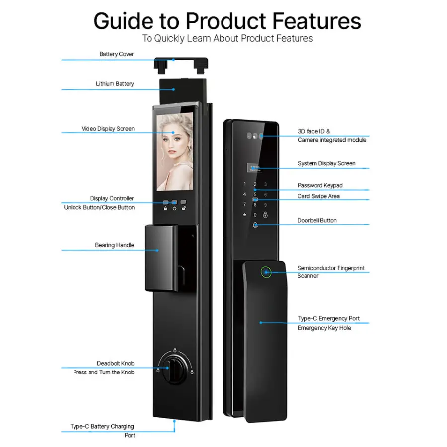 Home Outdoor Automatic Smart Face Palm Vein Front Door Fingerprint Tuya WiFi ICSee Home Active Video Intercom Lock with Camera — image 5