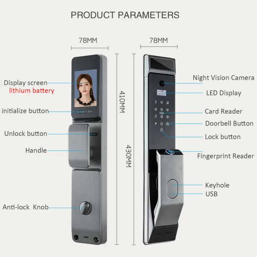 TOPTEQ X10 3D Face Recognition Aluminum Alloy Smart Door Lock Fingerprint Password IC Card APP Unlock Tuya WiFi Cloud Storage — image 3