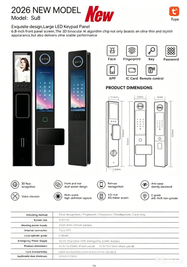 SMART Door Lock New Design Big Dual Screen for Wood Steel Brass Doors Tuya App Control and Memory Card Functionality — image 6