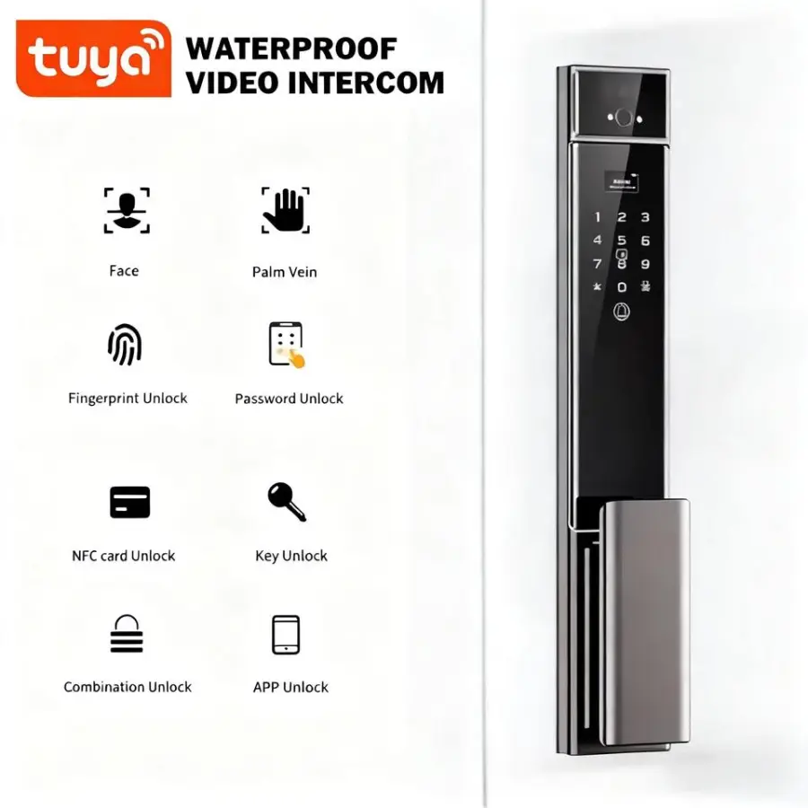Home Tuya Wifi Smart Lock Symmetric Design Palm Vein Face Fingerprint Password Card Key Tempered Glass AI Screen for Security — image 5