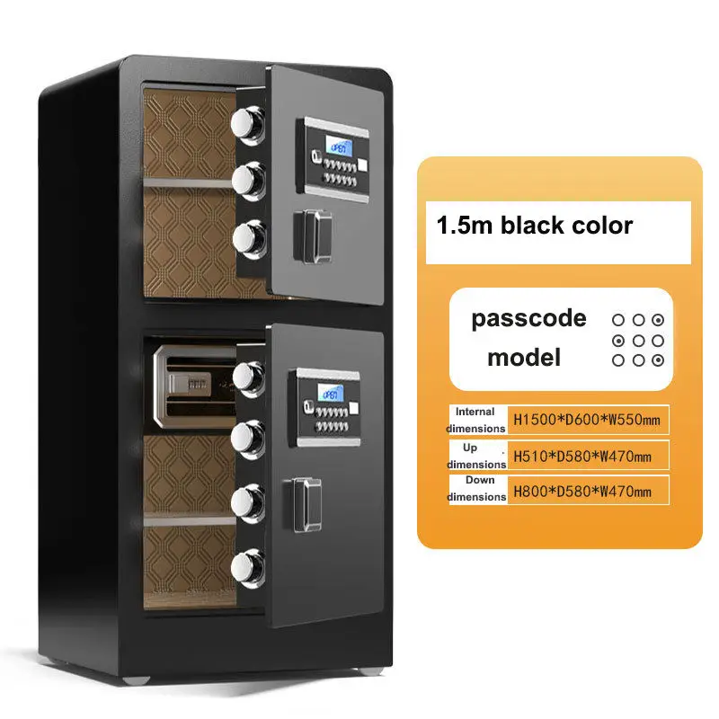 Large 1.5m Double-door Safe Box Fingerprint Key Lock Passcode Home Office Use Customized RAL Color Modern Design Brushed Steel — image 5